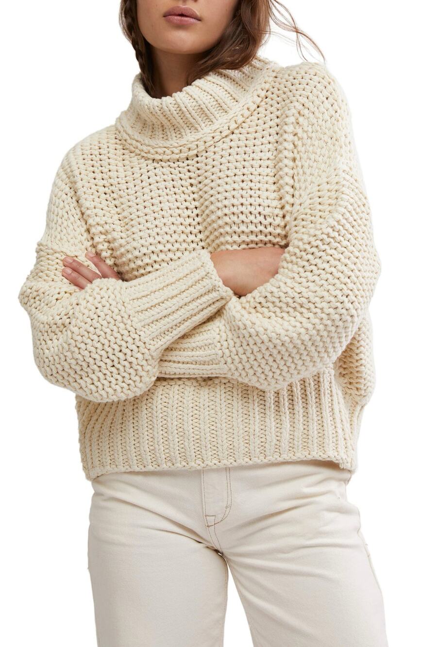 Free People My Only Sunshine Sweater Chunky Mock Neck Open Knit Cream Beige XS